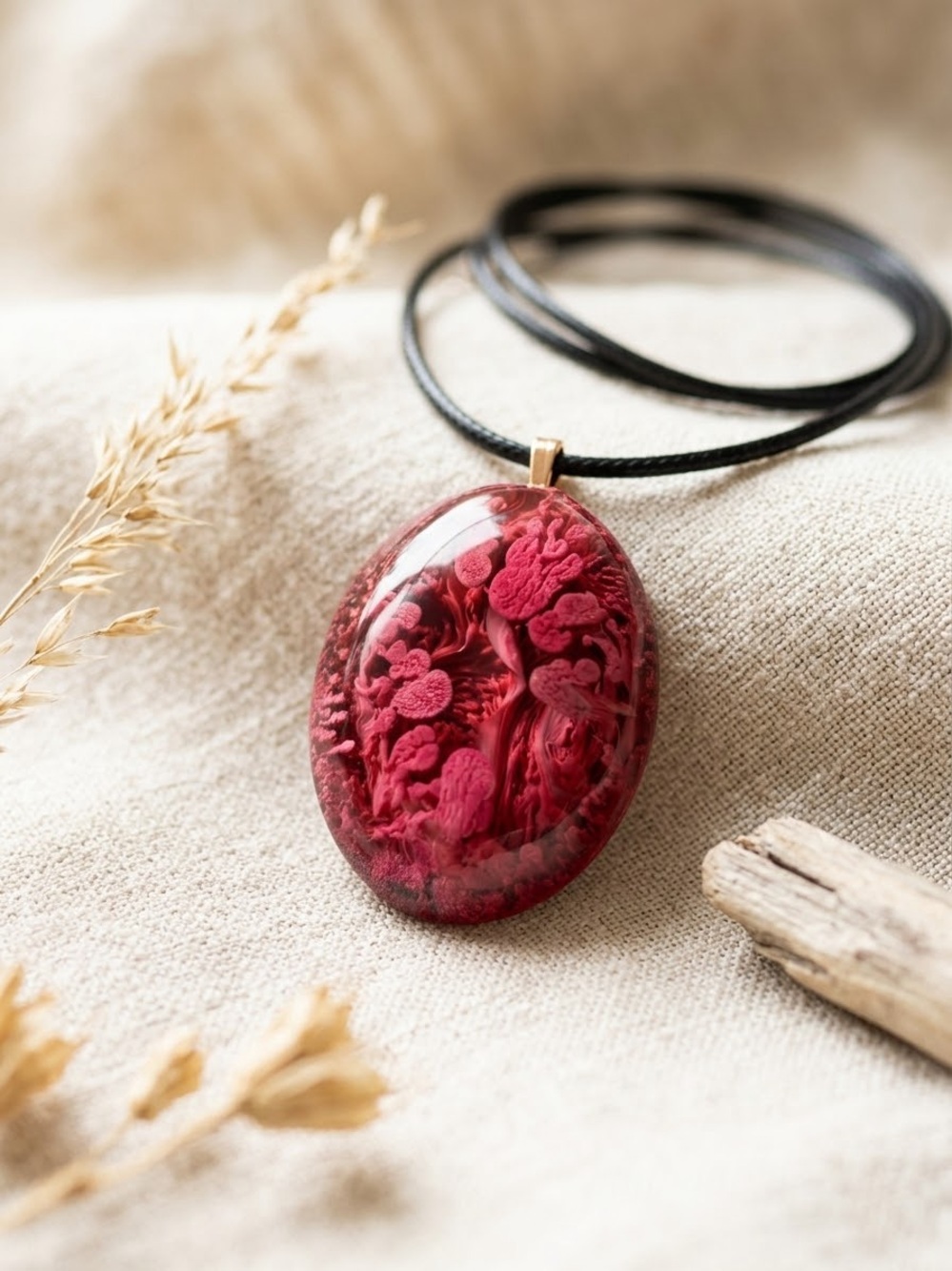 Handcrafted Deep Red Floral Resin Pendant Necklace on Black Cord